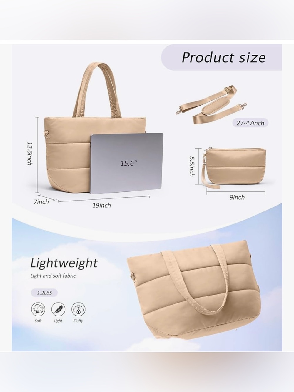 Puffer Tote Bag for Women, Lightweight Puffy Tote with Compartments, crossbody - Picture 7 of 8